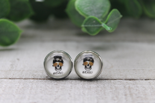 Mom Life Messy Bun & Sunnies  Glass Stud Earrings