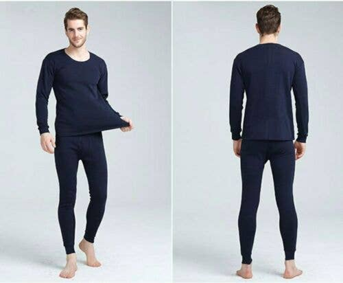 Men's Winter Thermal Fleece 100% Cotton Long Johns Top Bottom Set Navy Blue Color Excellent - L