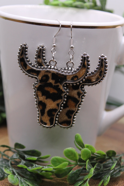 Leopard Faux Fur Steer Skull || Dangle Earrings