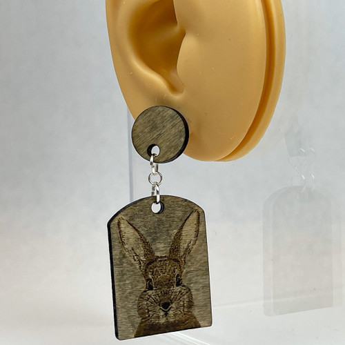 Handmade Large Engraved Bunny Earrings - Dark Oak Stain - Baltic Birch Wood