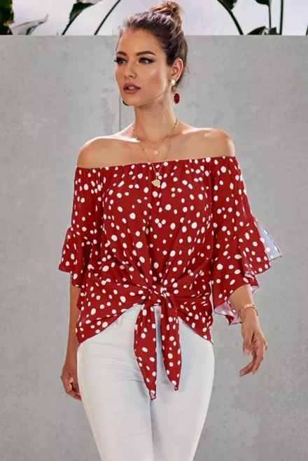 Bohemian Style Polka Dot Off Shoulder Front Tie