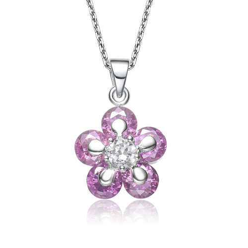 Collette Z Sterling Silver Pink and Clear Cubic Zirconia Flower Necklace
