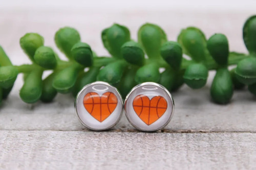 Basketball Heart || Glass Stud Earrings || Hypoallergenic