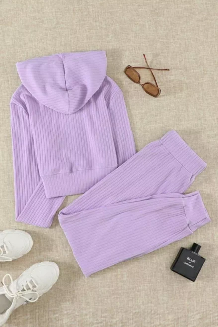 Ribbed Knit Cropped Hoodie and Jogger Set