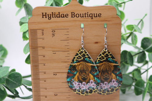 Highland Cow on Leopard || Double-Sided Faux Leather Earrings || Hypoallergenic
