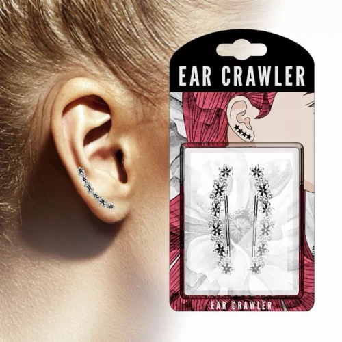Pair of Crystals Set Antique Finish Flowers Ear Crawler/Ear Climber- Ear Pins