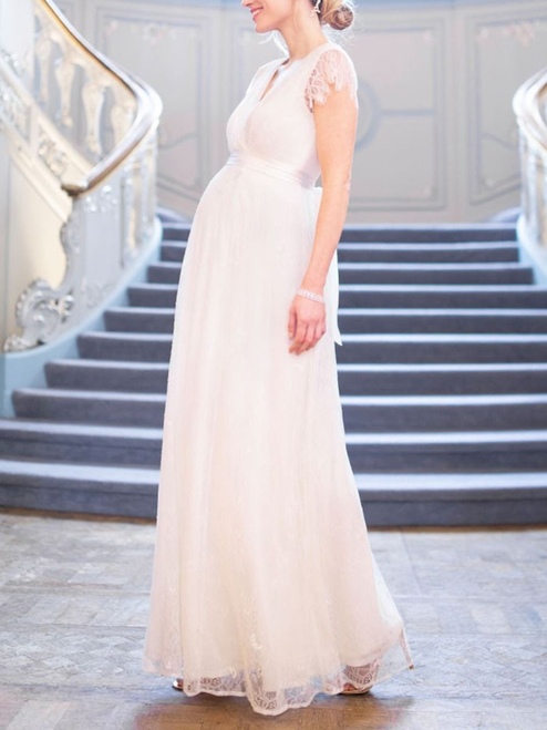 Elegant Maternity Lace Flutter Sleeve Dress