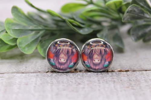 Highland Cow on Serape || Glass Stud Earrings || Hypoallergenic