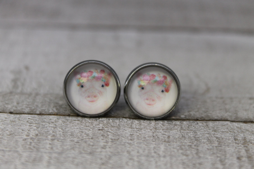 Floral Piggy  Glass Stud Earrings