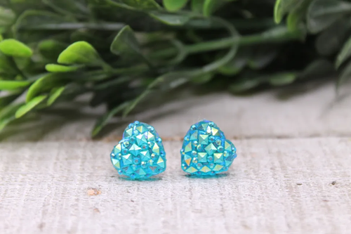 Blue Iridescent Faceted Heart Stud Earrings
