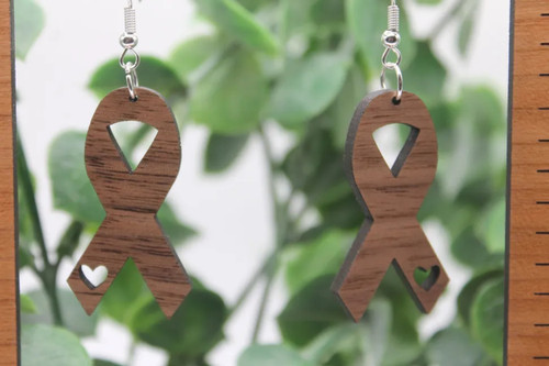 Ribbon with Heart Wood Dangle Earrings