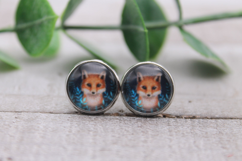 Beautiful Fox on Teal || Glass Stud Earrings || Hypoallergenic