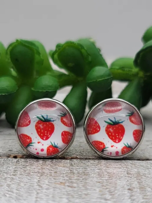 Strawberries || Glass Stud Earrings || Hypoallergenic