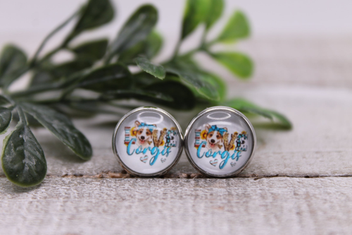 LOVE Corgis - Blue Bow & Dog Bone || 12mm Glass Stud Earrings