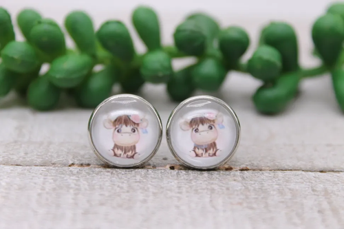 Cute Floral Highland Cow || Glass Stud Earrings || Hypoallergenic