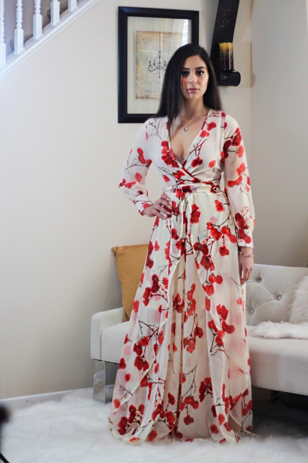 Michal Floral Long Bell Sleeves Maxi Dress in Beige