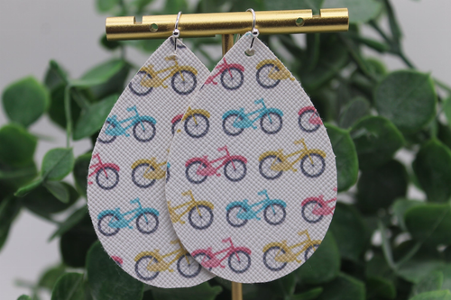 Colorful Bicycles Teardrop Faux Leather Earrings | Hypoallergenic