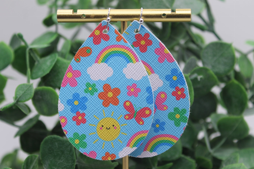 Rainbows, Sunshines & Butterflies Teardrop Faux Leather Earrings | Hypoallergenic