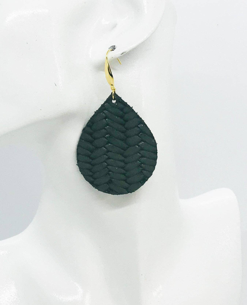 Olive Green Braided Fishtail Leather Earrings 