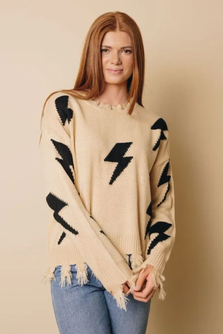 Baylee Distressed Knit Bolt Sweater