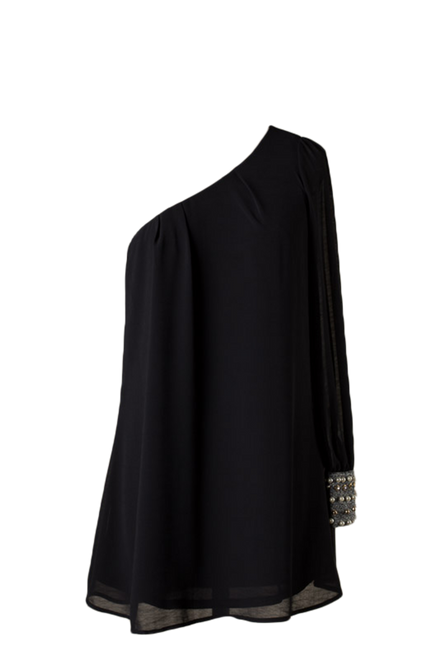 One Shoulder Studded Pearl Sleeves Shift Dress