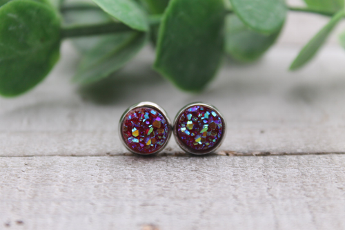 Sparkle Magenta |  Mini Druzy Stud Earrings | Hypoallergenic