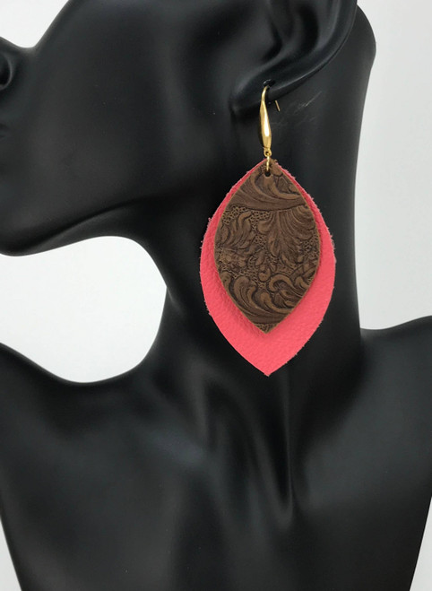 Coral Leather and Chocolate Embossed Leather Earrings 