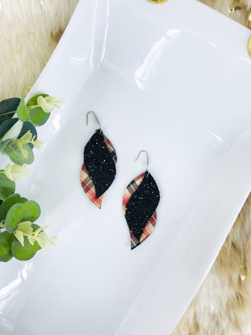 Tartan Plaid Leather and Chunky Glitter Earrings 