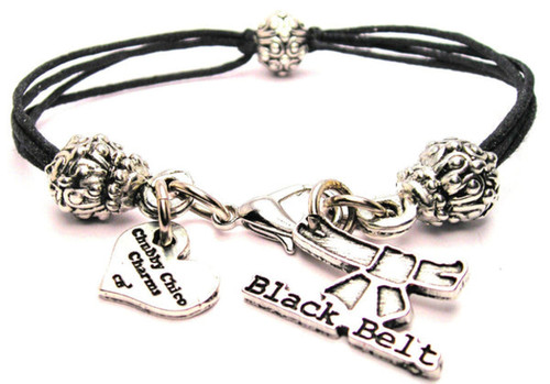 Black Belt Pewter Beaded Black Cord Bracelet