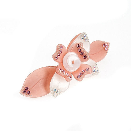 Peach & Pearl Flower Automatic Barrette w/ Rhinestones