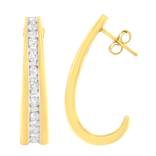 10 Karat Yellow Gold 1 Carat Total Diamond Weight Channel Set Diamond J-Hoop Earrings 