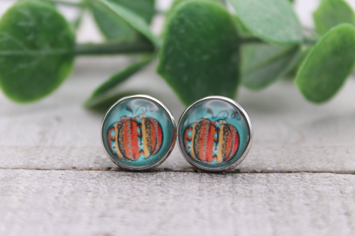 Serape Pumpkin on Teal || Glass Stud Earrings || Hypoallergenic