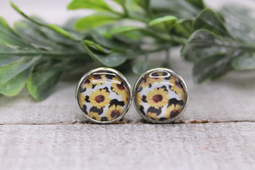 Sunflowers on Cow || Glass Stud Earrings || Hypoallergenic