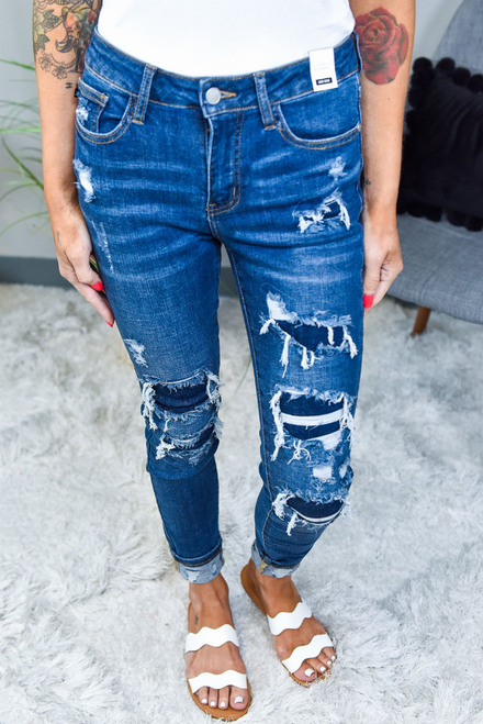 Bright Outfit Blue Patched Destroyed Skinny Jeans