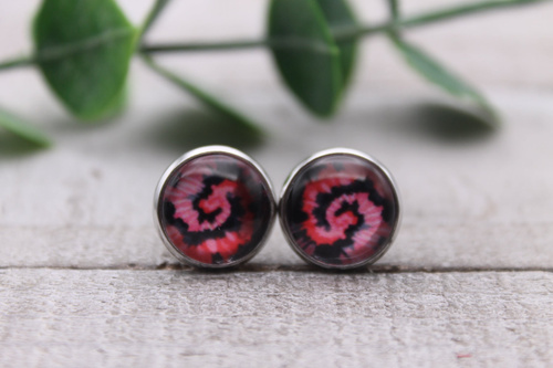 Pink & Black Tie Dye Swirl || Glass Stud Earrings || Hypoallergenic