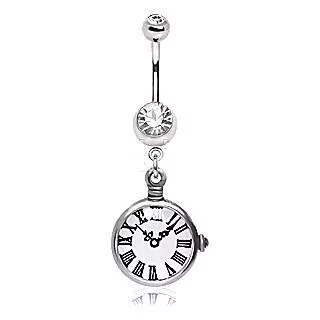 316L Surgical Steel Navel Ring with Pocket Watch Dangle
