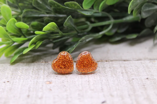 Orange Glitter Heart Stud Earrings