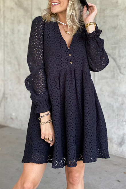 Lace Buttoned Like V-Neck Mini Dress