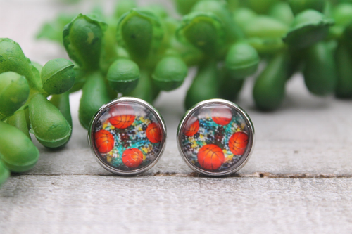 Basketball on Western Print || Glass Stud Earrings || Hypoallergenic