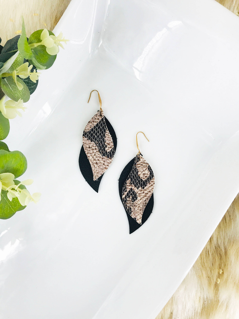 Leather Snake Skin and Black Leather Earrings 