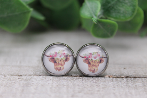 Floral Crown Highland Cow  Glass Stud Earrings