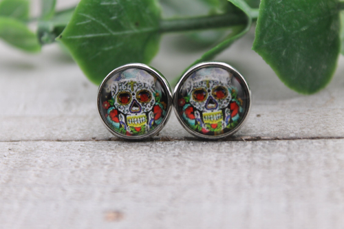 Sugar Skulls Glass Stud Earrings