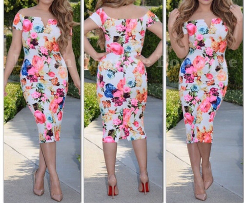 Off The Shoulder Floral Print Body-con Midi Dress White