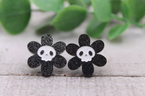 Glitter Skull Flower || Stud Earrings || Hypoallergenic