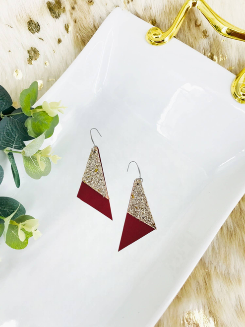 Cranberry Leather and Gold Chunky Glitter Leather Earrings 
