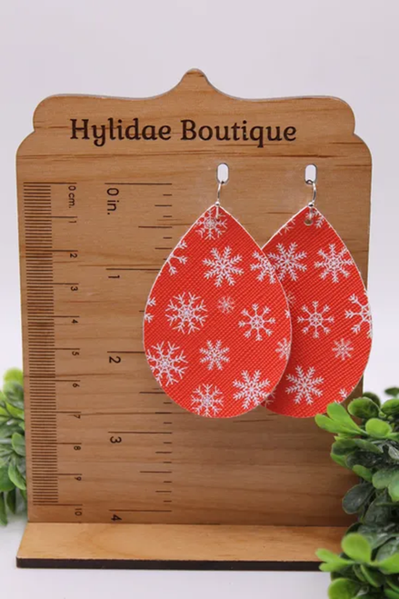 Snowflakes on Red || Faux Leather Teardrop Dangle Earrings || Single-Sided