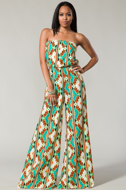 Tube cut unique print jumpsuit with banded waist