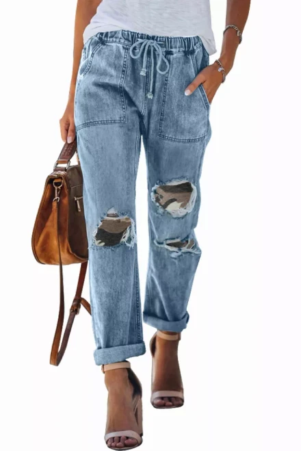 Bright Plaid Patches Cotton Pocketed Denim Jeans