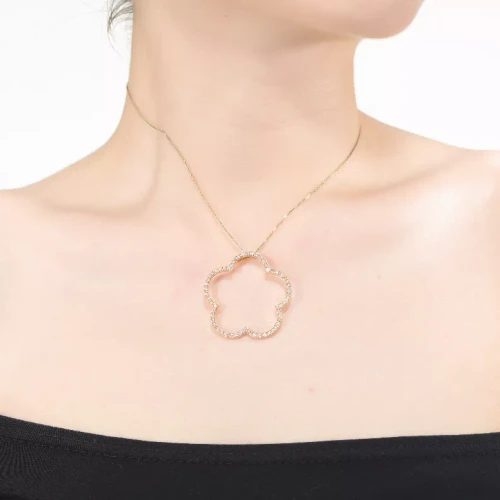 Collette Z Sterling Silver with Gold Plated Clear Round Cubic Zirconia Open Flower Drop Necklace