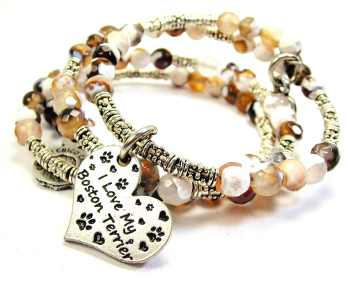 I Love My Boston Terrier Microcrystalline Quartz Wrap Agate Stone Bracelet